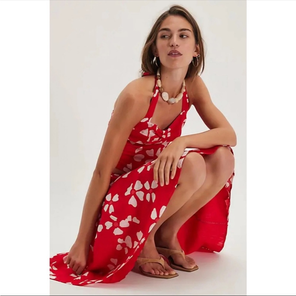 Free People $148 NWOT Red and White Floral Skirt Set